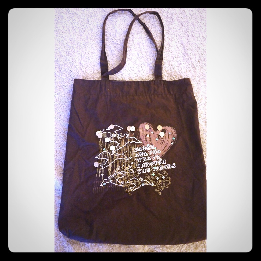 Pink-Lined Brown Tote w/ Cute Design on Front